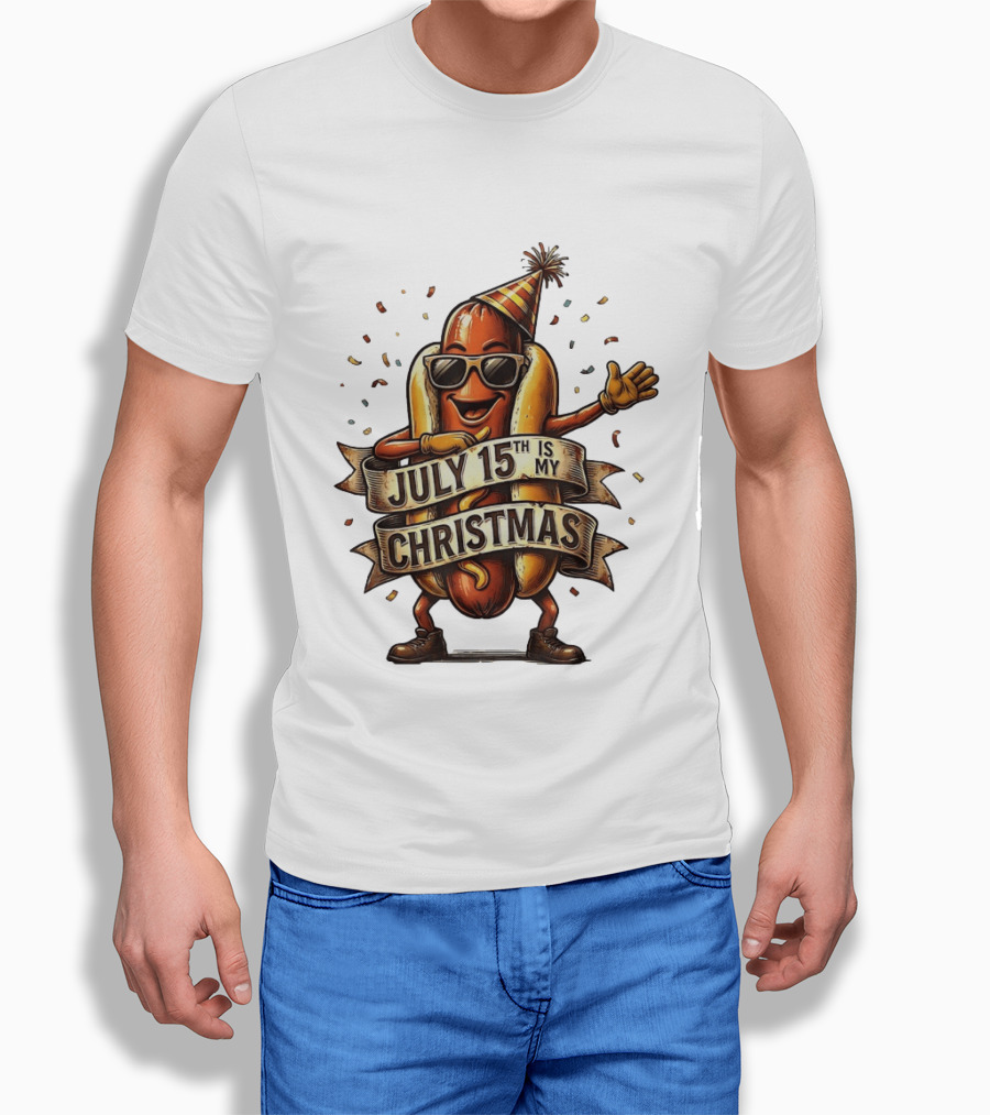 Hot Dog Wearing Sunglasses And Party Hat July 15th Is My Christmas T-Shirt