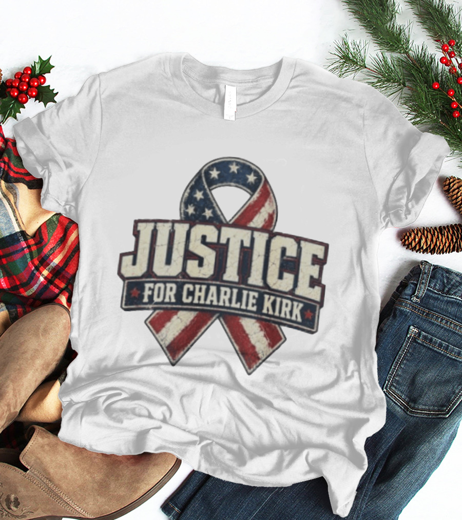 Justice For Charlie Kirk Distressed American Flag Ribbon T-Shirt