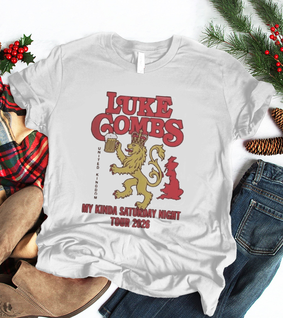 Luke Combs United Kingdom My Kinda Saturday Night Tour 2026 Lion Holding Beer T-Shirt