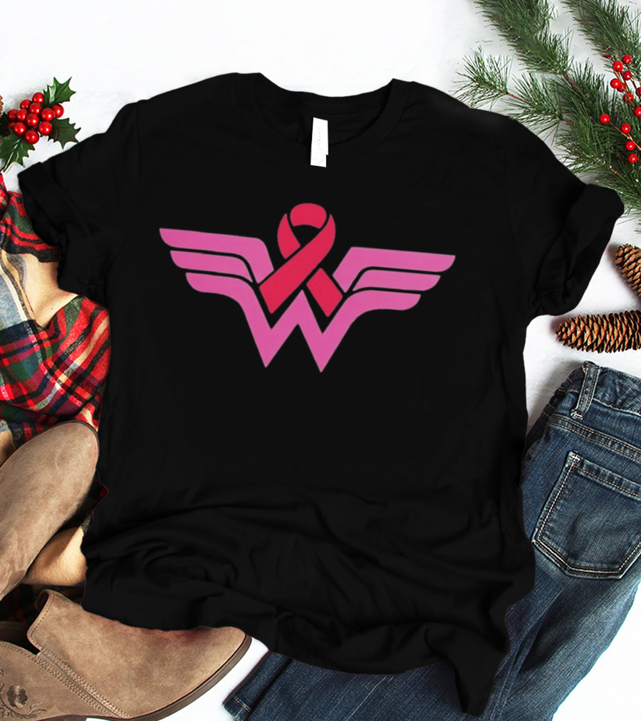 Pink Wing Shaped Ribbon Breast Cancer Awareness Hero T-Shirt