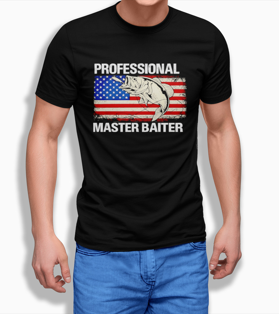 Professional Master Baiter Distressed American Flag Fishing USA Flag T-Shirt