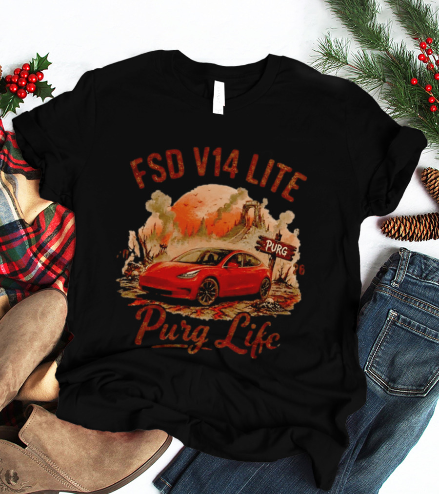 FSD V14 Lite Purg Life Tesla Car Adventure Distressed T-Shirt