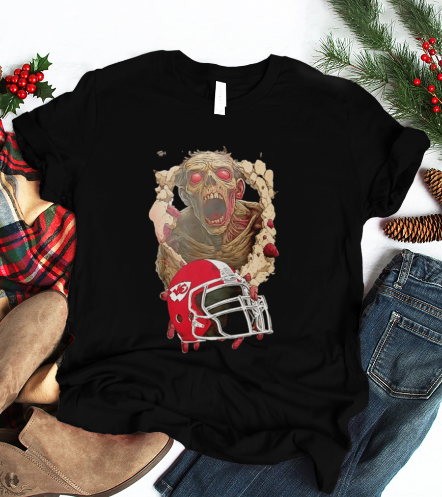 Zombie Kansas City Chiefs Helmet Halloween Scary Football Fan Spirit T-Shirt