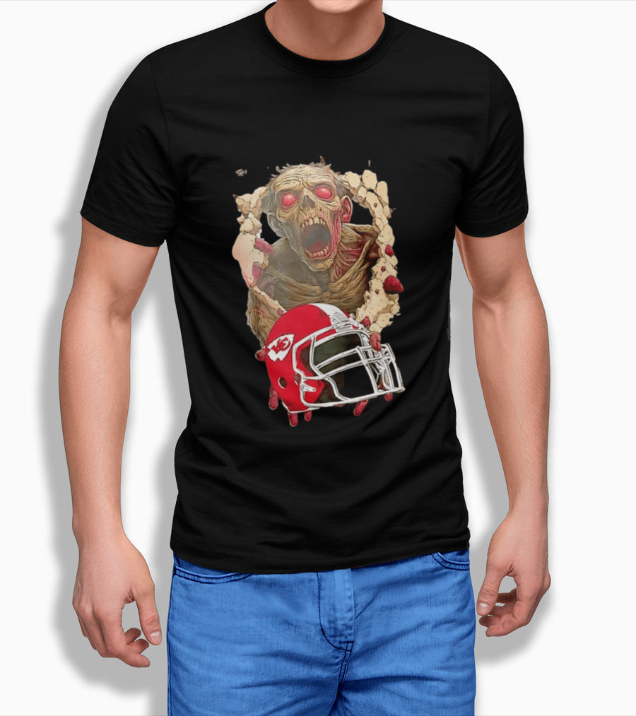 Zombie Kansas City Chiefs Helmet Halloween Scary Football Fan Spirit T-Shirt