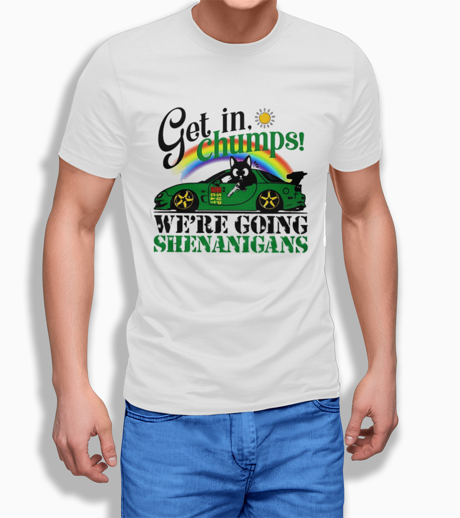 Get In Chumps Shenanigans Cat Driving Car Cartoon Rainbow Sun T-Shirt