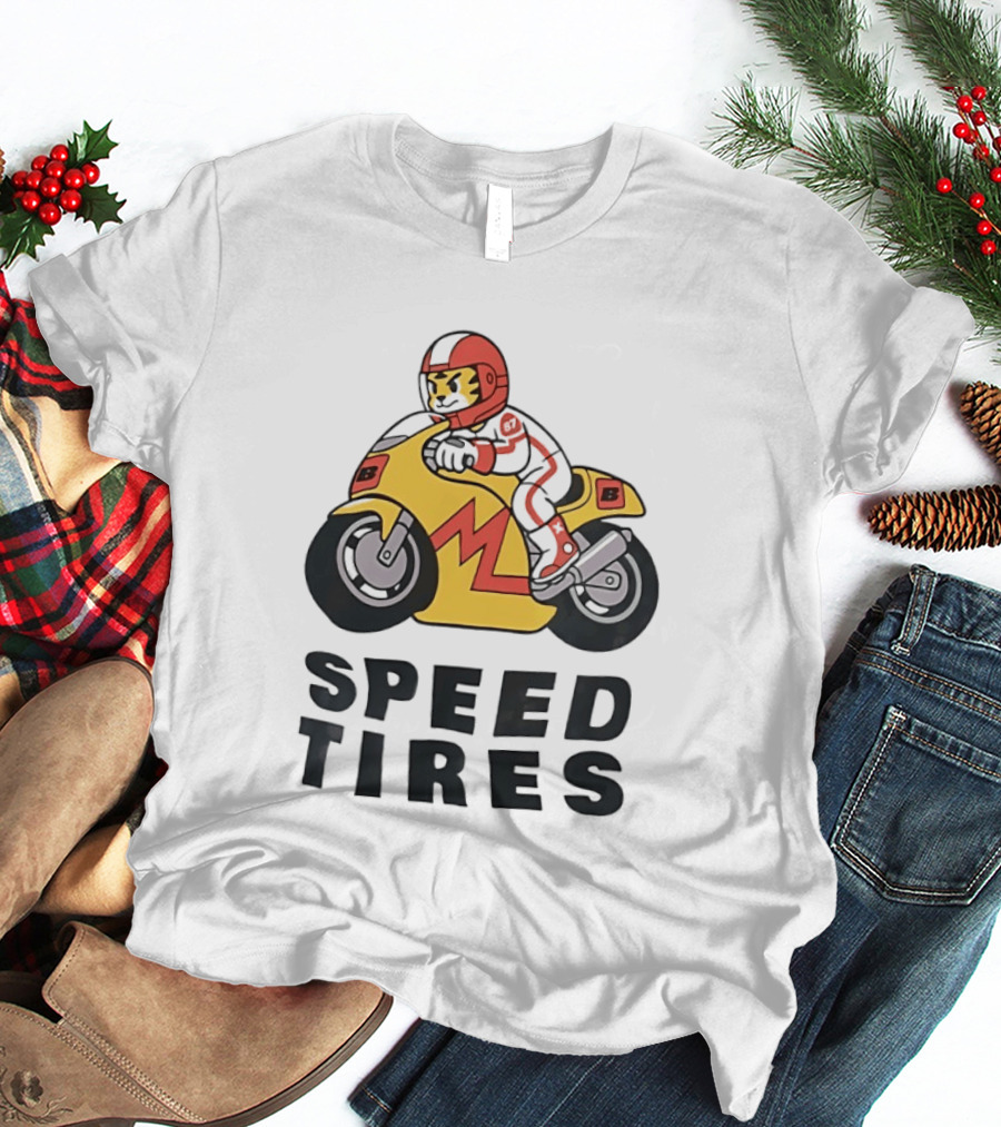 Speed Tires Tiger Motorcycle Racing Biker Rider On Yellow Bike T-Shirt