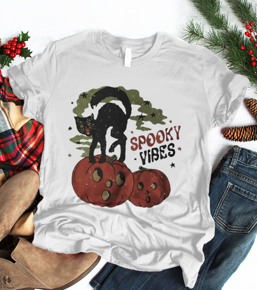 Spooky Vibes Black Cat Pumpkins Halloween Cartoon Stars T-Shirt