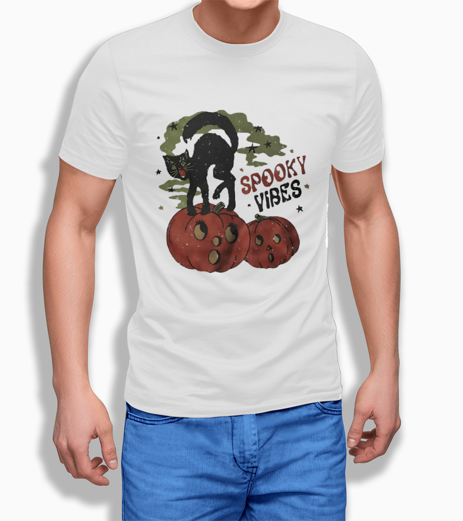 Spooky Vibes Black Cat Pumpkins Halloween Cartoon Stars T-Shirt