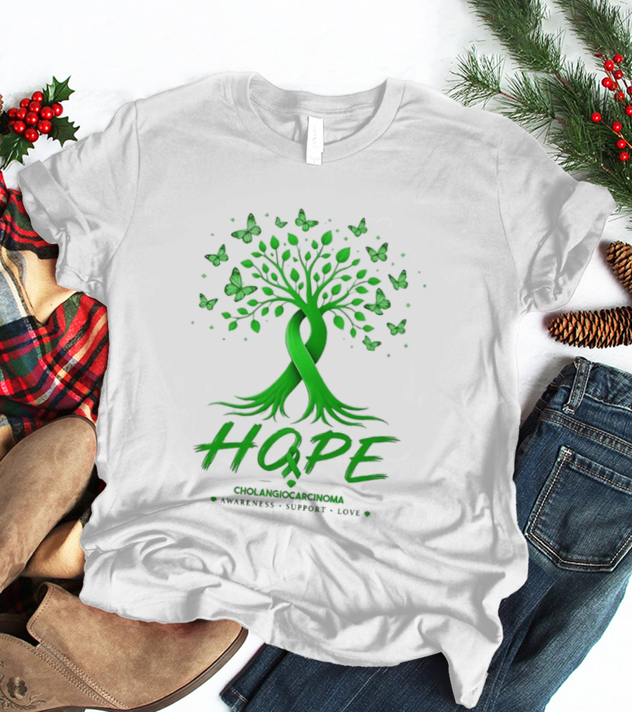 Hope Tree With Butterflies Cholangiocarcinoma Awareness Support Love Ribbon T-Shirt
