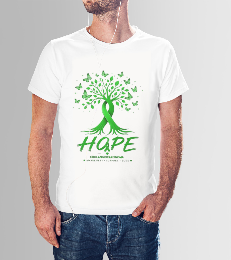Hope Tree With Butterflies Cholangiocarcinoma Awareness Support Love Ribbon T-Shirt