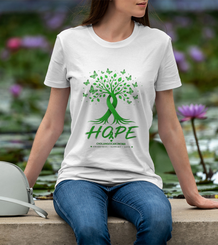 Hope Tree With Butterflies Cholangiocarcinoma Awareness Support Love Ribbon T-Shirt