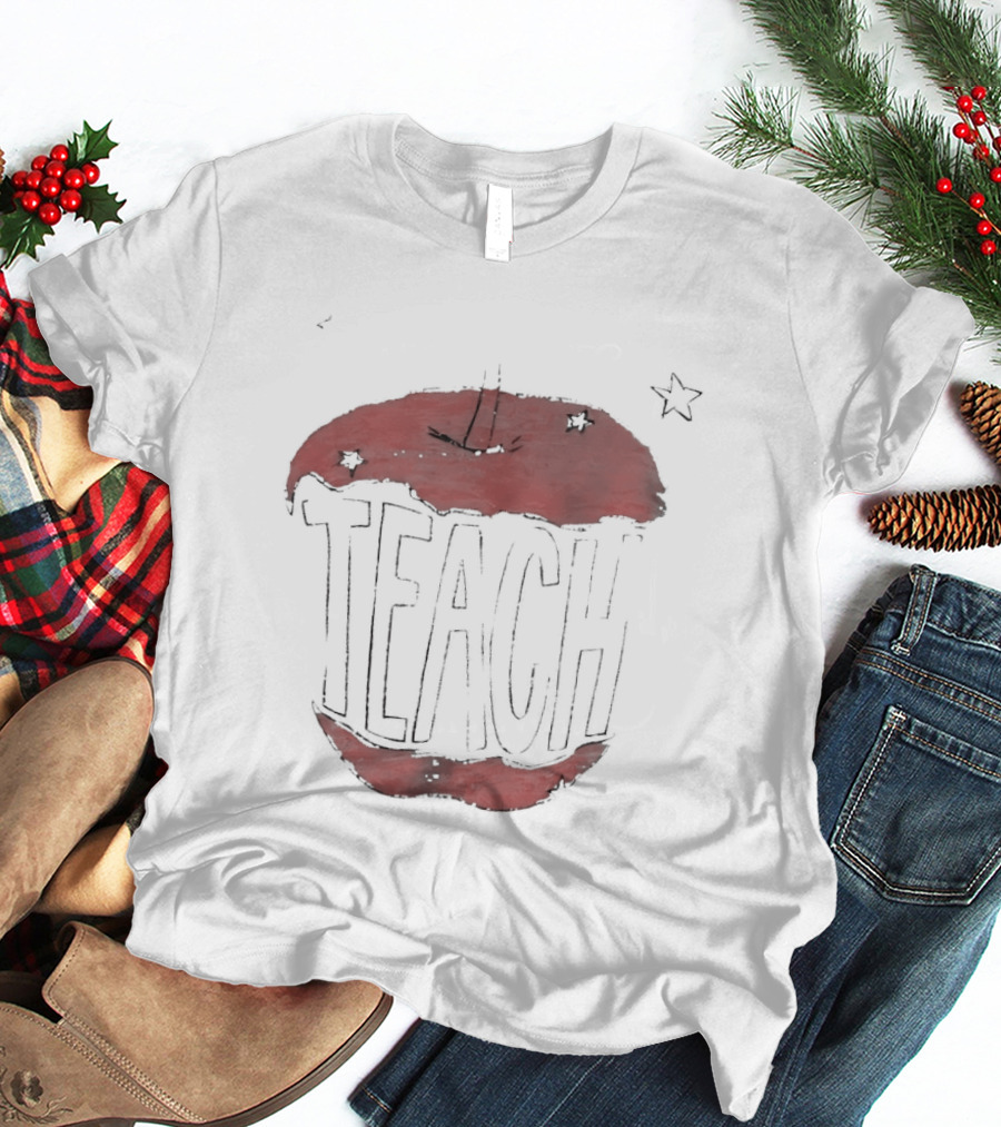 Teach Apple Bitten Cartoon Text Stars T-Shirt