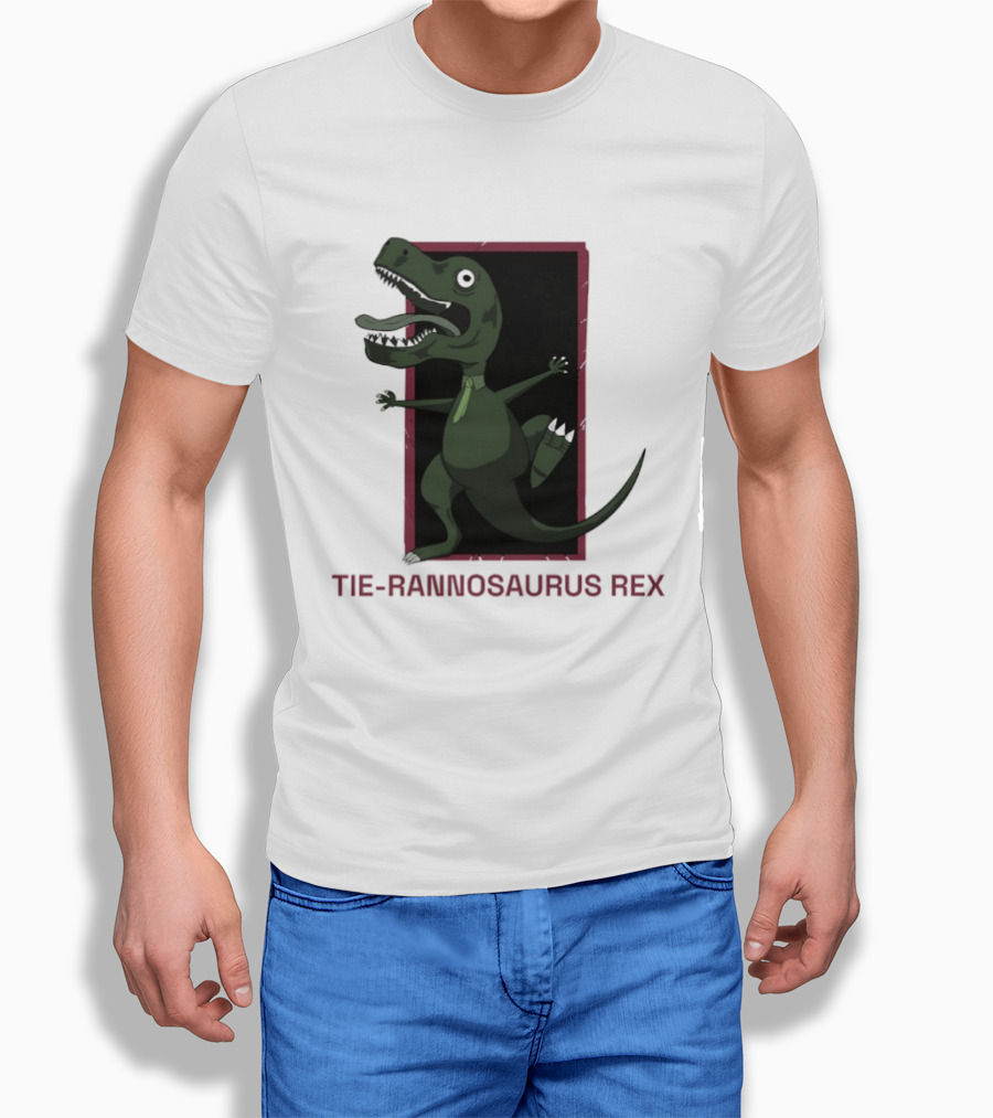 TIE RANNOSAURUS REX Dinosaur Humor Pun With Green Tie T-Shirt