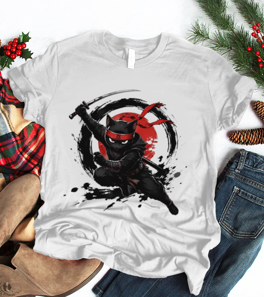 Ninja Cat Katana Warrior Red Rising Sun T-Shirt