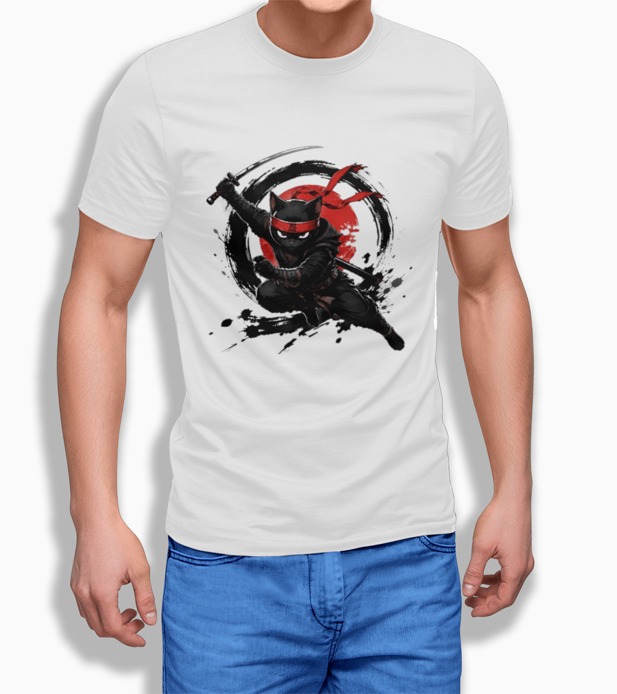 Ninja Cat Katana Warrior Red Rising Sun T-Shirt