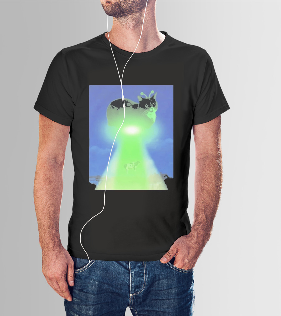 Alien Kitty UFO Beaming Cat Abduction With Tractor Beam And Cow T-Shirt