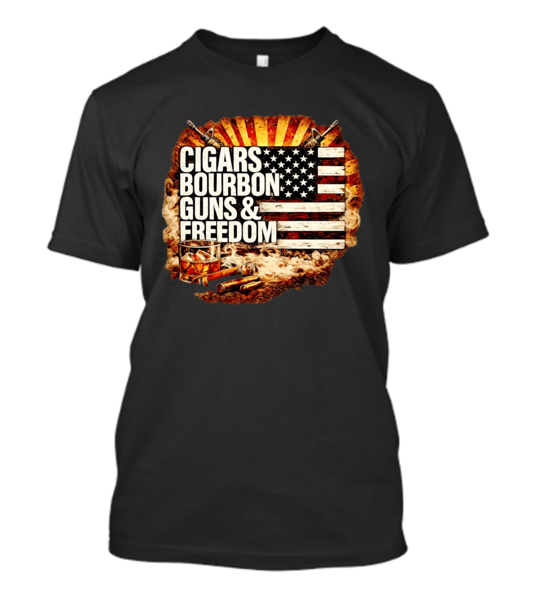 Cigars Bourbon Guns And Freedom American Flag Patriotic T-Shirt