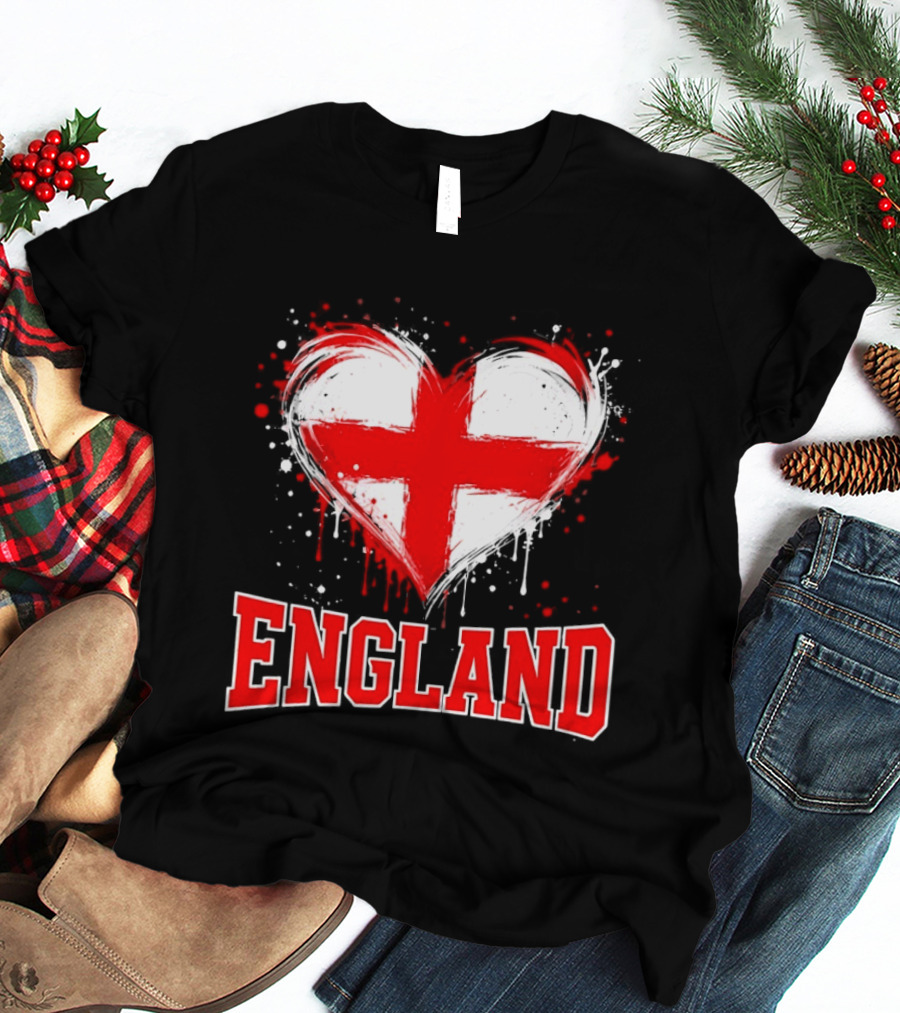 England Heart Flag Paint Splatter Red And White Cross T-Shirt