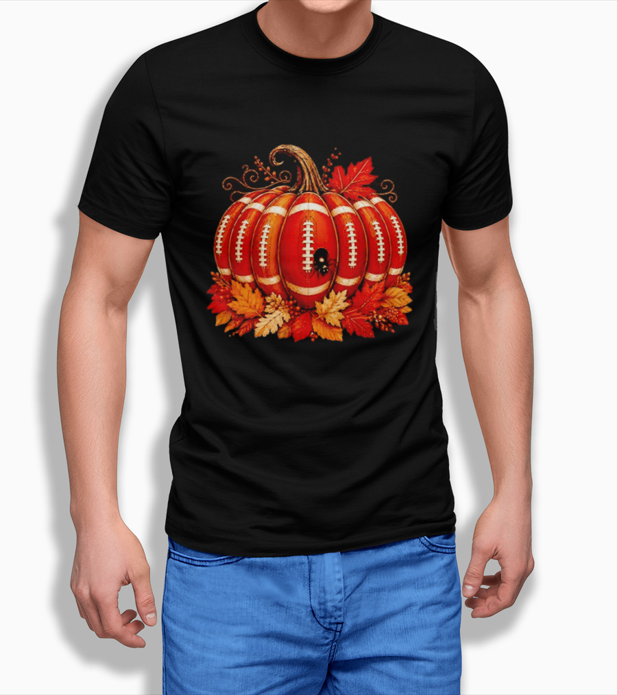 Football Pumpkin Spider Autumn Leaves Thanksgiving Decor T-Shirt