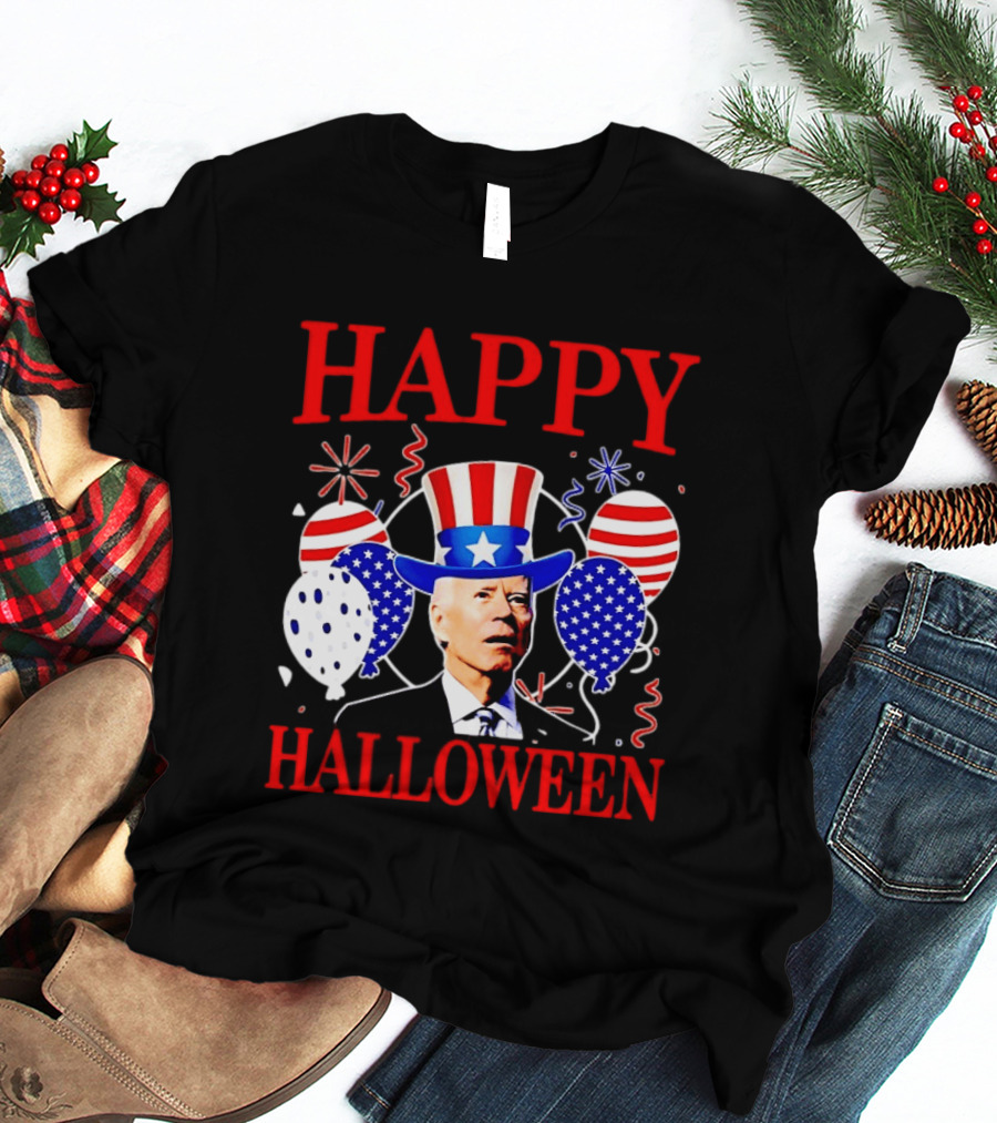 Happy Halloween Biden Uncle Sam Hat American Flag Balloons T-Shirt