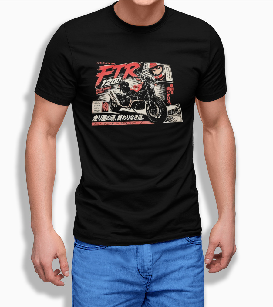 Indian FTR 1200 Flat Track Spirit Built To Roam Born To Rip 1203cc V Twin 123HP 120NM Japanese Manga T-Shirt