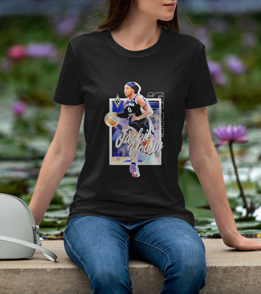 Jackie Young Las Vegas Aces Number 0 Dribbling Action With Wilson Basketball And Lids Headband T-Shirt