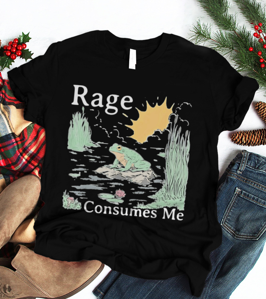 Rage Consumes Me Frog On Rock With Sunburst And Pond Scene T-Shirt