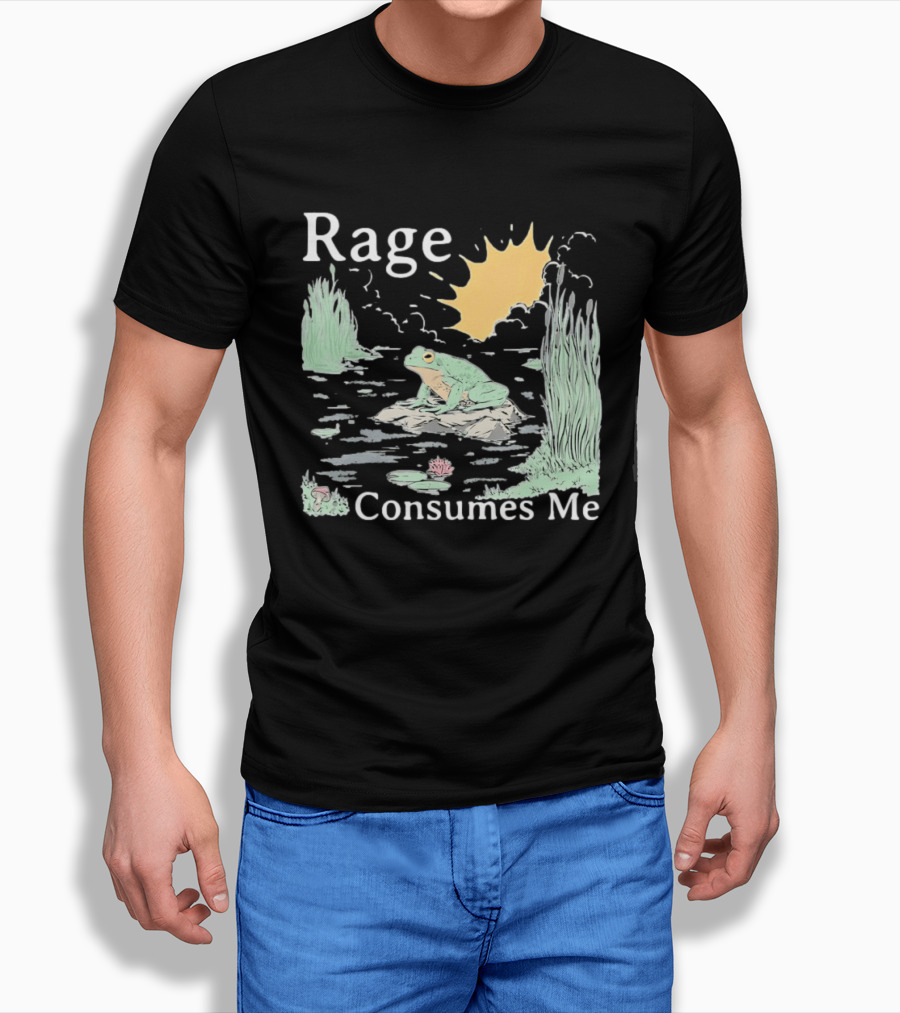 Rage Consumes Me Frog On Rock With Sunburst And Pond Scene T-Shirt