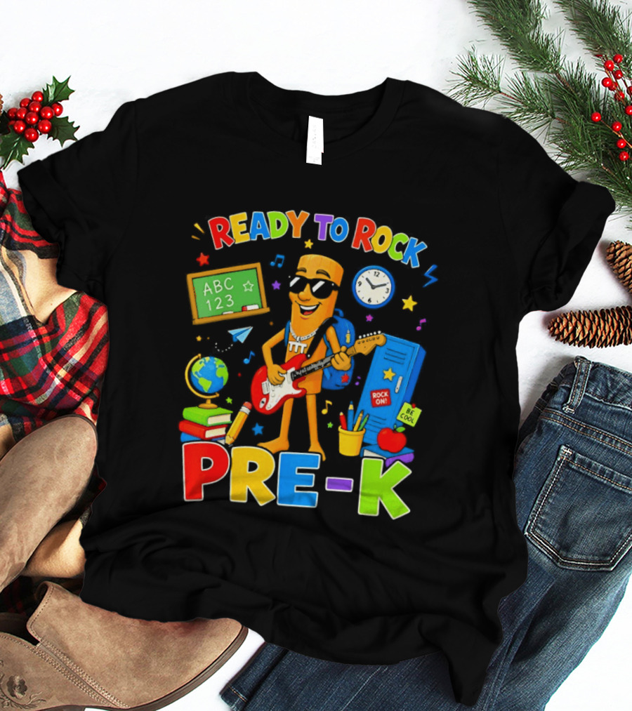 Ready To Rock Pre K Cartoon With Guitar And School Supplies T-Shirt