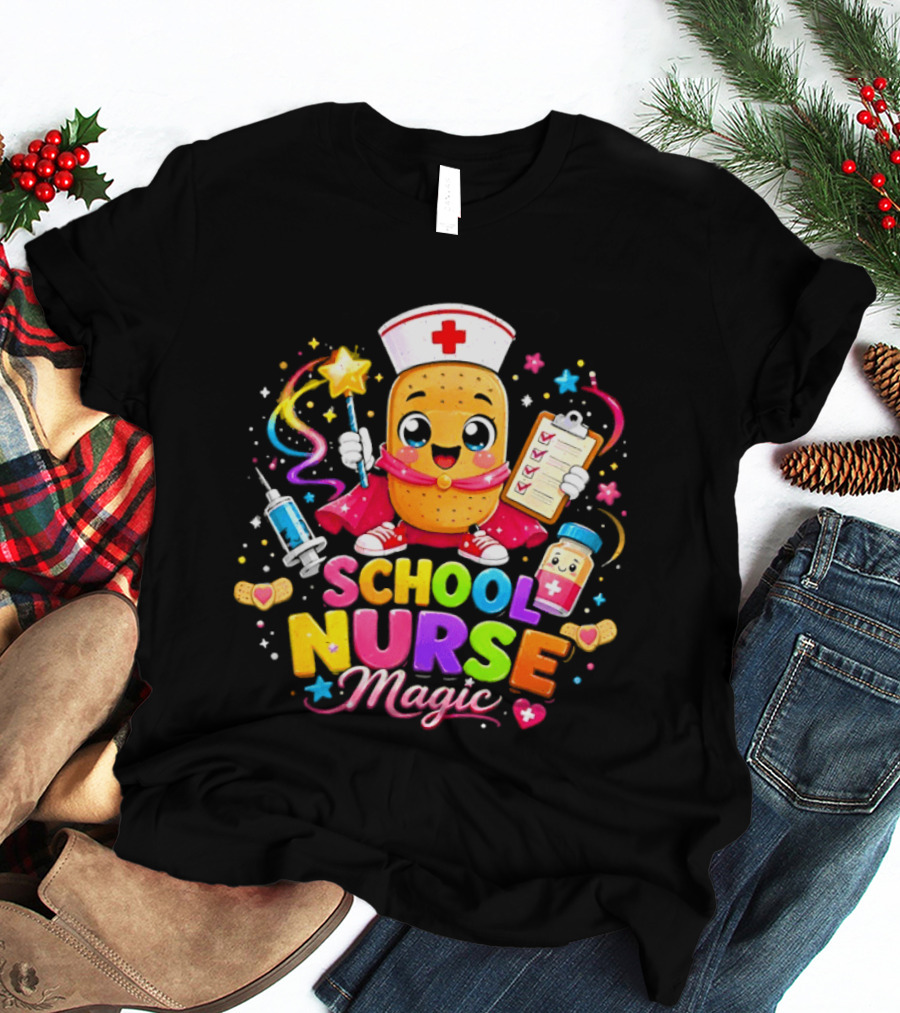 Magic School Nurse Potato Cartoon With Syringe And Pill T-Shirt