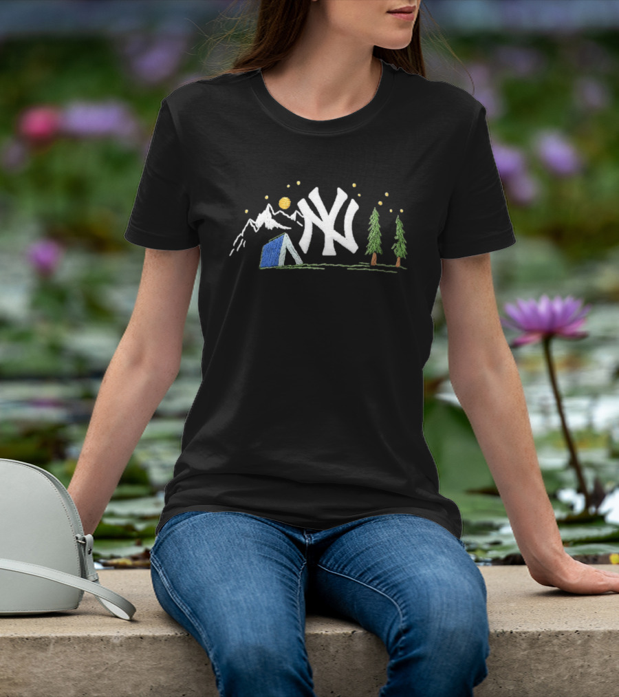 New York Yankees Embroidered Camping Mountain Tent Scene Cap T-Shirt