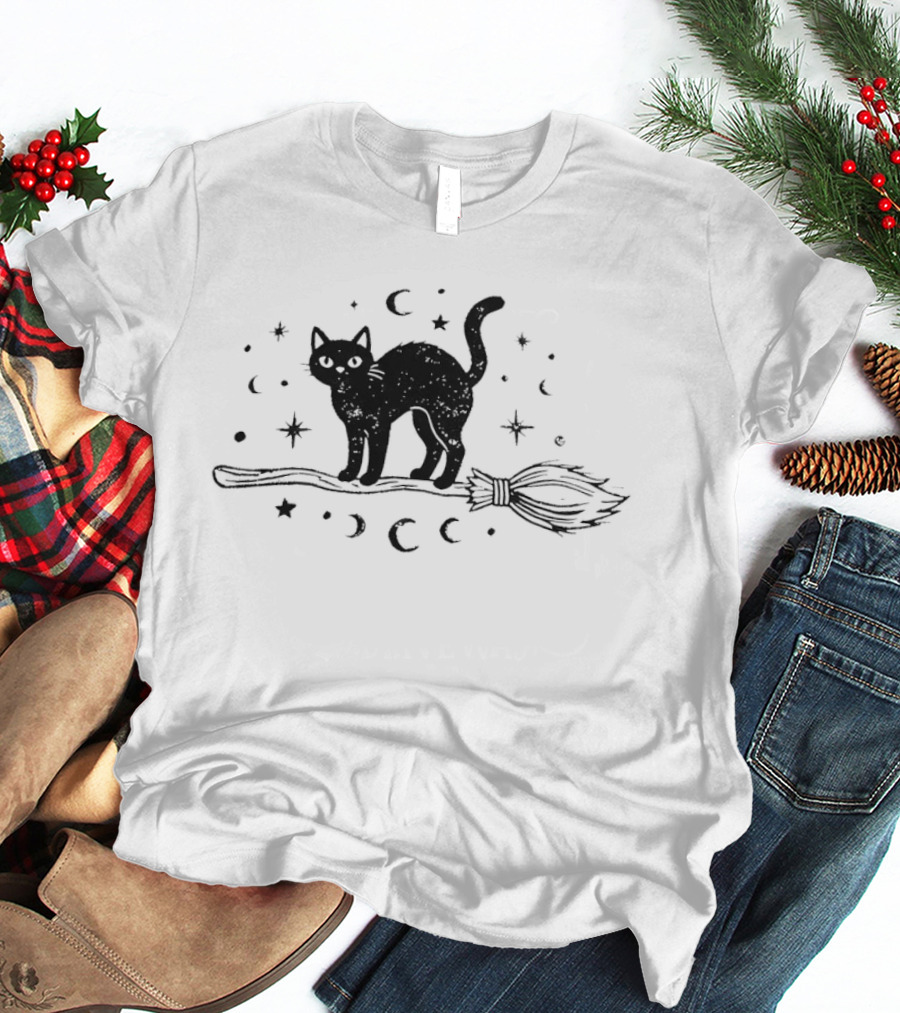 Black Cat With Celestial Moons Stars On Broomstick T-Shirt