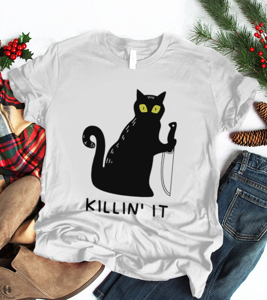 Black Cat Killin' It Halloween Knife T-Shirt