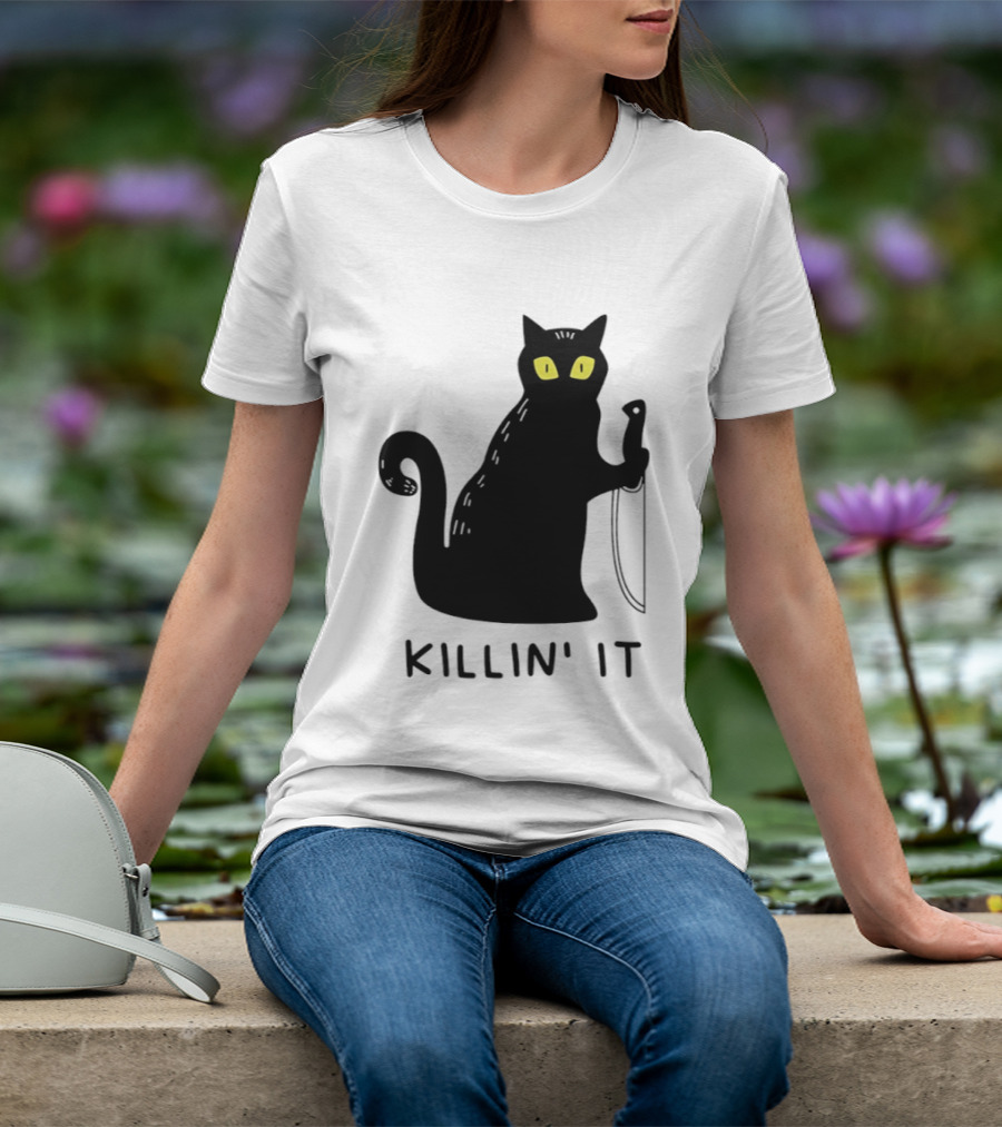 Black Cat Killin' It Halloween Knife T-Shirt