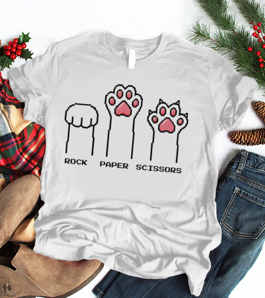 Cat Paws Rock Paper Scissors Pixel Kitten Game T-Shirt