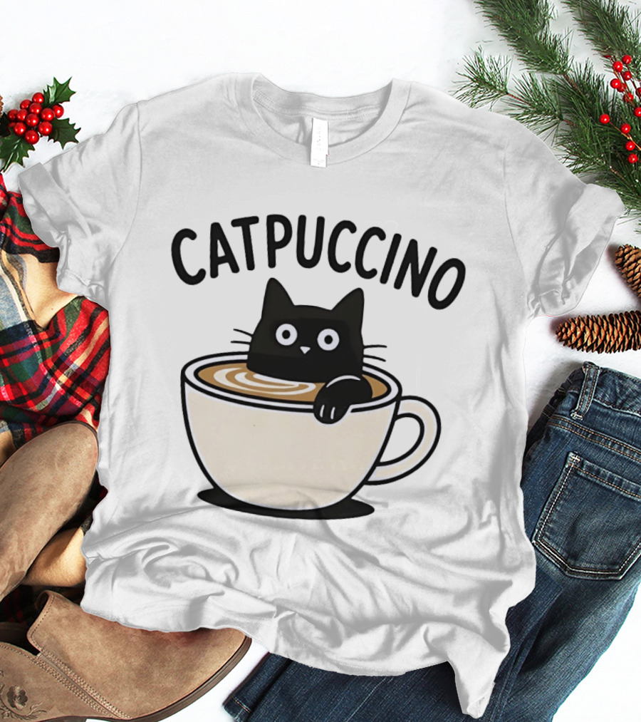 CATPUCCINO Black Cat In A Coffee Cup Cappuccino T-Shirt