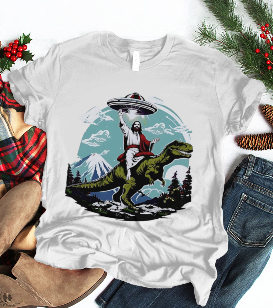 Jesus Riding Rex UFO Nature Scene With Mountains And Trees T-Shirt