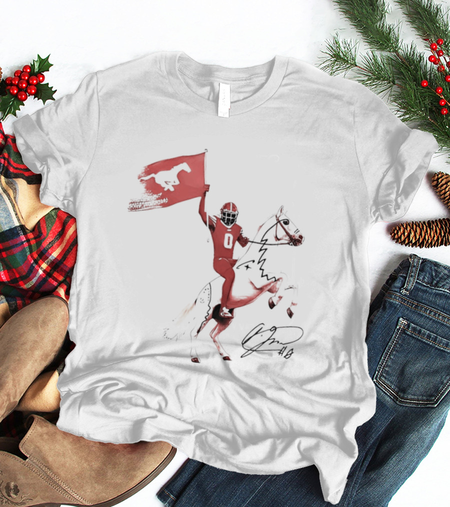 SMU Mustangs Football Player Riding Horse Holding Flag Number 0 T-Shirt