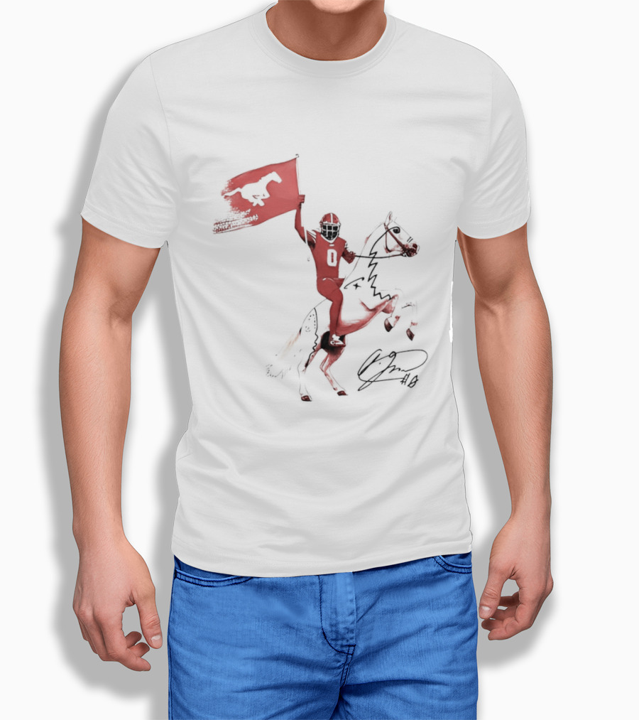 SMU Mustangs Football Player Riding Horse Holding Flag Number 0 T-Shirt