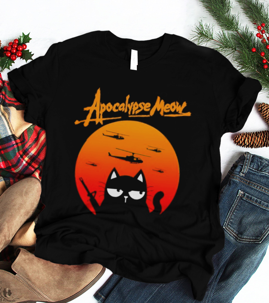 Apocalypse Meow Cat Helicopter Orange Sun T-Shirt