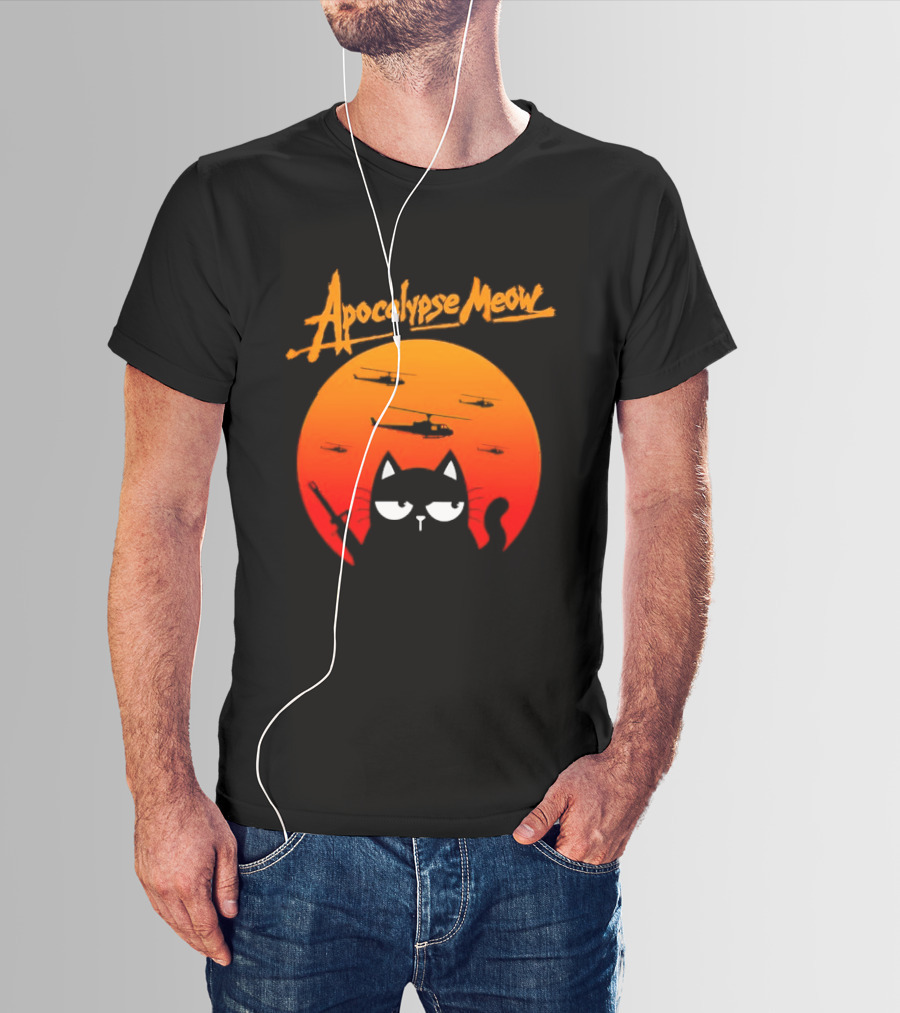 Apocalypse Meow Cat Helicopter Orange Sun T-Shirt