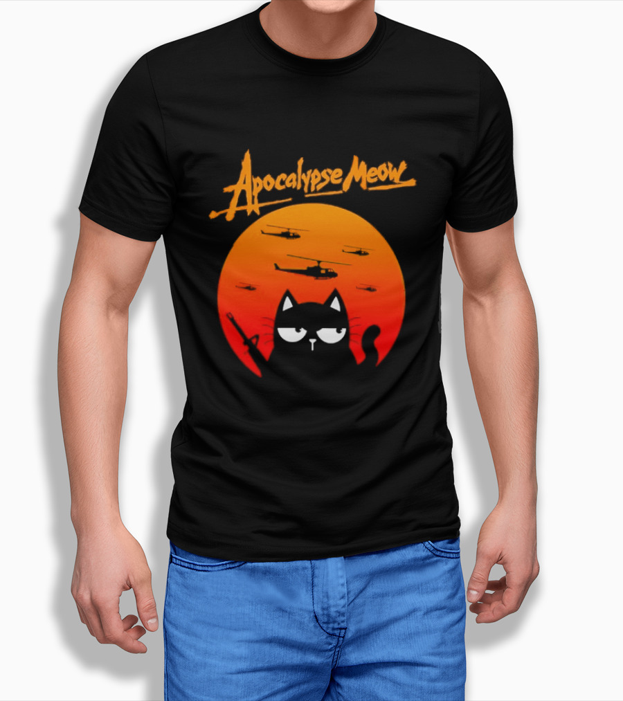 Apocalypse Meow Cat Helicopter Orange Sun T-Shirt