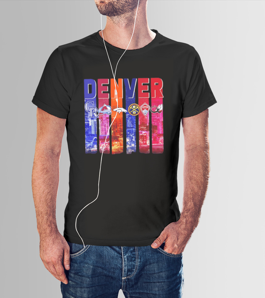 Denver City Skyline With Colorado Rockies Avalanche Broncos Nuggets Rapids Mammoth T-Shirt