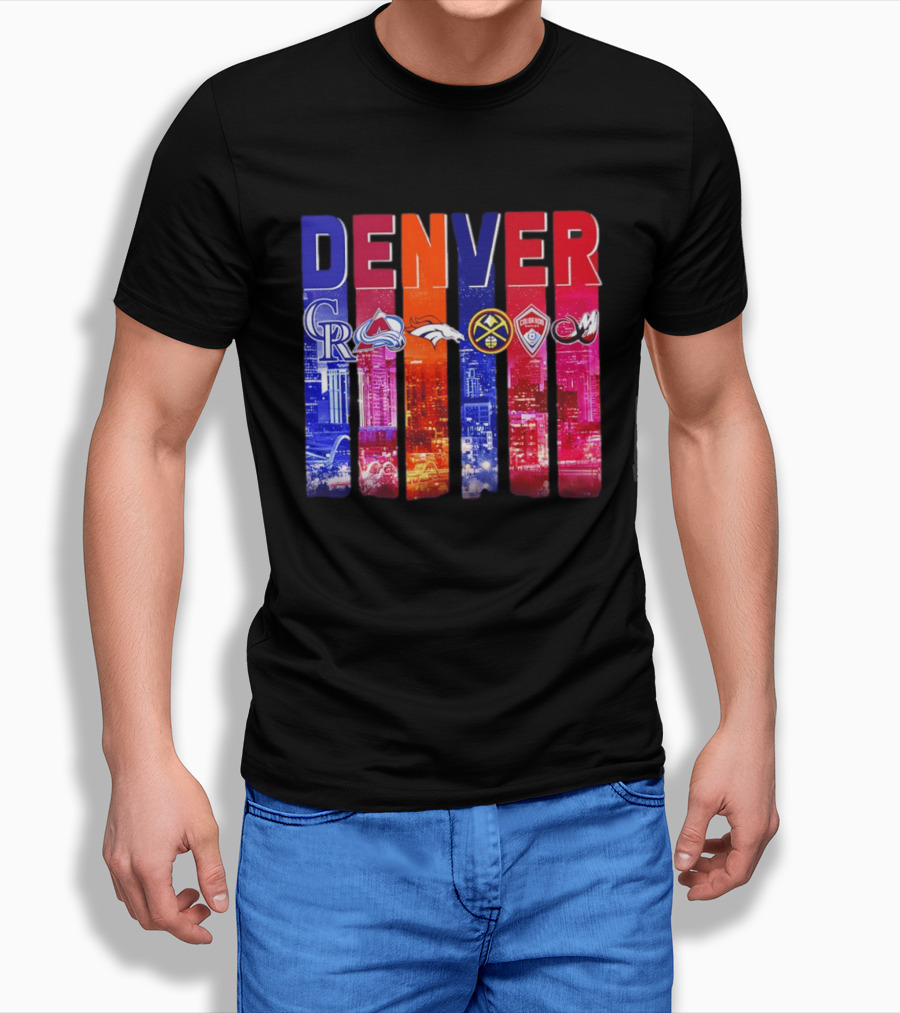 Denver City Skyline With Colorado Rockies Avalanche Broncos Nuggets Rapids Mammoth T-Shirt