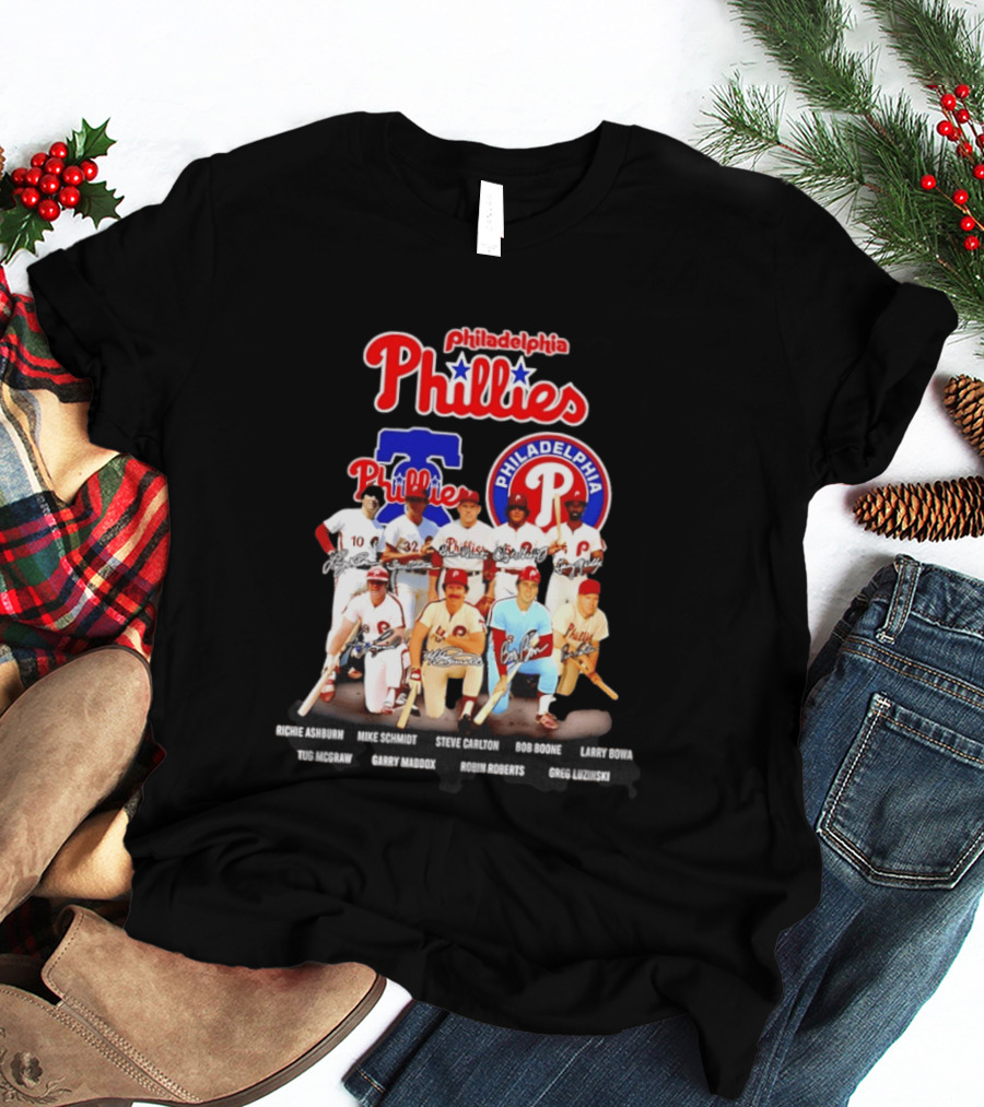 Philadelphia Phillies Legends Ashburn Schmidt Carlton Boone Bowa McGraw Maddox Roberts Luzinski Signatures Vintage Players T-Shirt