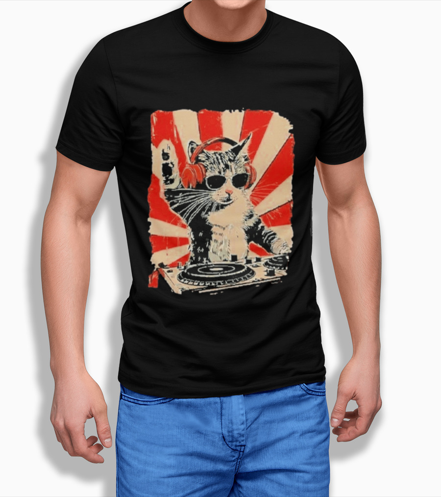 DJ Cat With Headphones Red Sunburst T-Shirt