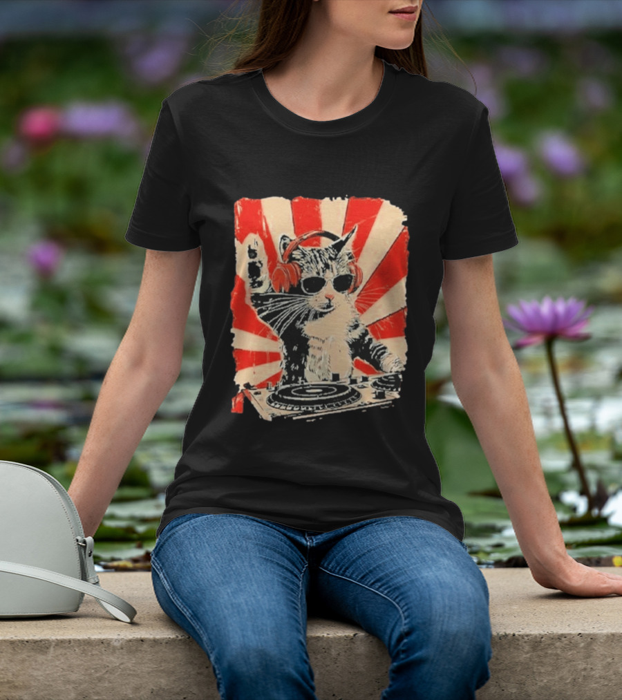 DJ Cat With Headphones Red Sunburst T-Shirt
