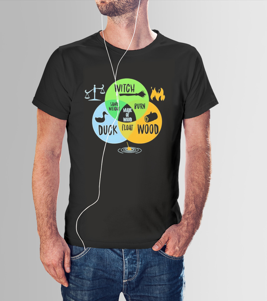 Monty Python Witch Duck Same Weight Made Of Wood Burn Float Venn Diagram T-Shirt