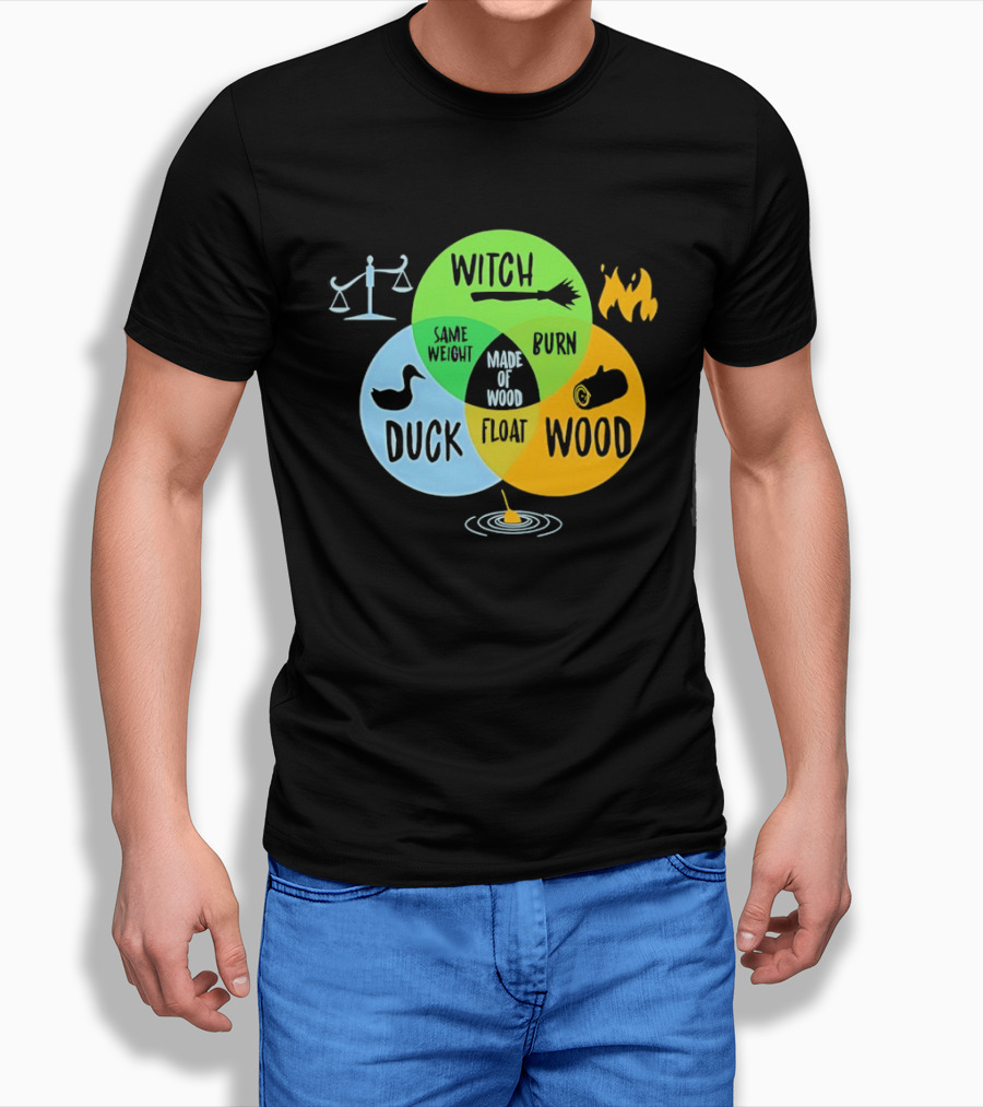 Monty Python Witch Duck Same Weight Made Of Wood Burn Float Venn Diagram T-Shirt