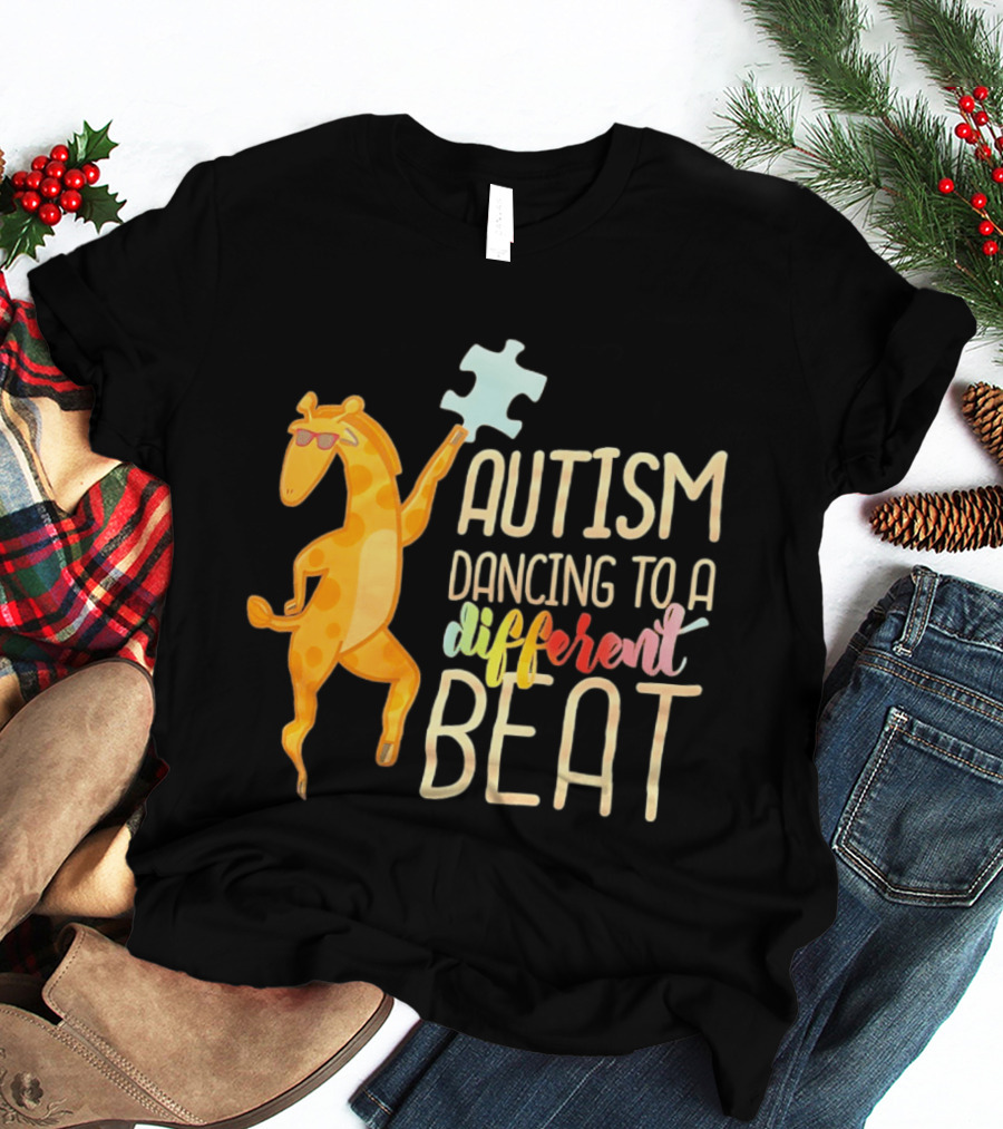 Autism Dancing To A Different Beat Giraffe Puzzle Piece And Sunglasses T-Shirt